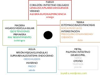 FUEGO
CORAZÓN /INTESTINO DELGADO
LENGUA/CAPILARES SANGUINEOS
VERANO
ALEGRÍA/EUFORIA/IMPACIENCIA
amargo
MADERA
HIGADO/VESÍCULA BILIAR
OJOS/TENDONES
PRIMAVERA
IRA/ RESENTIMIENTO
ácido/agrio
AGUA
RIÑÓN/VEJIGA/GLÁNDULAS
SUPRARENALES/SISTEMA ENDOCRINO
OIDO/HUESOS
INVIERNO
MIEDO
salado
METAL
PULMÓN/ INTESTINO
GRUESO/PIEL
NARIZ
OTOÑO
TRISTEZA
picante
TIERRA
ESTÓMAGO/BAZO/PANCREAS
BOCA/MÚSCULOS
INTERESTACIÓN
PREOCUPACIÓN/ANSIEDAD/
OBSESIÓN
dulce
layedra.wordpress.com
 