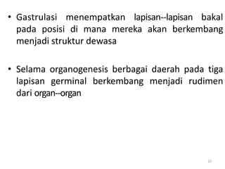 15
• Gastrulasi menempatkan lapisan-‐lapisan bakal
pada posisi di mana mereka akan berkembang
menjadi struktur dewasa
• Selama organogenesis berbagai daerah pada tiga
lapisan germinal berkembang menjadi rudimen
dari organ-‐organ
 