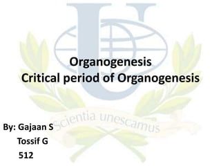 Organogenesis
Critical period of Organogenesis

By: Gajaan S
Tossif G
512

 