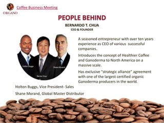 Coffee Business Meeting

BERNARDO T. CHUA
CEO & FOUNDER

A seasoned entrepreneur with over ten years
experience as CEO of various successful
companies.
Introduces the concept of Healthier Coffee
and Ganoderma to North America on a
massive scale.
Has exclusive “strategic alliance” agreement
with one of the largest certified organic
Ganoderma producers in the world.
Holton Buggs, Vice President- Sales
Shane Morand, Global Master Distributor

 