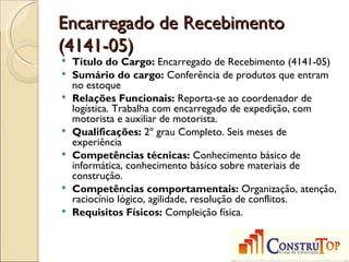 Encarregado de Recebimento
(4141-05)
   Título do Cargo: Encarregado de Recebimento (4141-05)
   Sumário do cargo: Conferência de produtos que entram
    no estoque
   Relações Funcionais: Reporta-se ao coordenador de
    logística. Trabalha com encarregado de expedição, com
    motorista e auxiliar de motorista.
   Qualificações: 2º grau Completo. Seis meses de
    experiência
   Competências técnicas: Conhecimento básico de
    informática, conhecimento básico sobre materiais de
    construção.
   Competências comportamentais: Organização, atenção,
    raciocínio lógico, agilidade, resolução de conflitos.
   Requisitos Físicos: Compleição física.
 