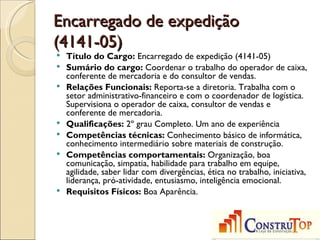 Encarregado de expedição
(4141-05)
   Título do Cargo: Encarregado de expedição (4141-05)
   Sumário do cargo: Coordenar o trabalho do operador de caixa,
    conferente de mercadoria e do consultor de vendas.
   Relações Funcionais: Reporta-se a diretoria. Trabalha com o
    setor administrativo-financeiro e com o coordenador de logística.
    Supervisiona o operador de caixa, consultor de vendas e
    conferente de mercadoria.
   Qualificações: 2º grau Completo. Um ano de experiência
   Competências técnicas: Conhecimento básico de informática,
    conhecimento intermediário sobre materiais de construção.
   Competências comportamentais: Organização, boa
    comunicação, simpatia, habilidade para trabalho em equipe,
    agilidade, saber lidar com divergências, ética no trabalho, iniciativa,
    liderança, pró-atividade, entusiasmo, inteligência emocional.
   Requisitos Físicos: Boa Aparência.
 