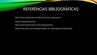 REFERÊNCIAS BIBLIOGRÁFICAS:
https://www.infoescola.com/administracao_/organogram
https://organograma.net/
https://www.significados.com.br/organograma/
https://www.nibo.com.br/blog/modelos-de-organograma-empresarial/
 