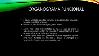 ORGANOGRAMA FUNCIONAL
 É aquele utilizado quando a estrutura organizacional da empresa é
baseada no critério funcional.
 Conhecido também como organograma vertical.
 Assim, nele estão representadas as funções que os chefes e
subordinados representam na empresa. A sua vantagem é o nível
de especialização de cada departamento.
 A desvantagem é que esse grau de especialização pode atrapalhar
uma visão holística da empresa e causar a alienação dos
funcionários focados apenas em suas tarefas.
 