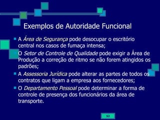 Exemplos de Autoridade Funcional A  Área de Segurança  pode desocupar o escritório central nos casos de fumaça intensa; O  Setor de Controle de Qualidade  pode exigir a Área de Produção a correção de ritmo se não forem atingidos os padrões; A  Assessoria Jurídica  pode alterar as partes de todos os contratos que ligam a empresa aos fornecedores; O  Departamento Pessoal  pode determinar a forma de controle de presença dos funcionários da área de transporte. 