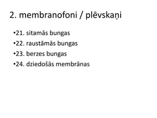 2. membranofoni / plēvskaņi 21. sitamās bungas 22. raustāmās bungas 23. berzes bungas 24. dziedošās membrānas 