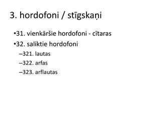 3. hordofoni / stīgskaņi 31. vienkāršie hordofoni - cītaras 32. saliktie hordofoni 321. lautas 322. arfas 323. arflautas 