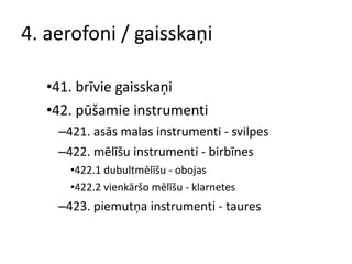 4. aerofoni / gaisskaņi 41. brīvie gaisskaņi 42. pūšamie instrumenti 421. asās malas instrumenti - svilpes 422. mēlīšu instrumenti - birbīnes 422.1 dubultmēlīšu - obojas 422.2 vienkāršo mēlīšu - klarnetes 423. piemutņa instrumenti - taures 