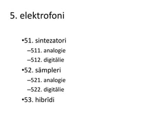 5. elektrofoni 51. sintezatori 511. analogie 512. digitālie 52. sāmpleri 521. analogie 522. digitālie 53. hibrīdi 