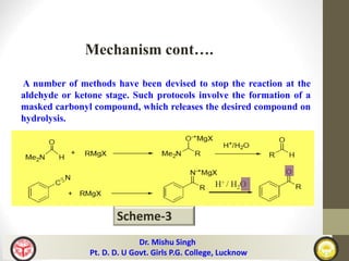 A number of methods have been devised to stop the reaction at the
aldehyde or ketone stage. Such protocols involve the formation of a
masked carbonyl compound, which releases the desired compound on
hydrolysis.
Mechanism cont….
Scheme-3
H+ / H2O
Dr. Mishu Singh
Pt. D. D. U Govt. Girls P.G. College, Lucknow
 