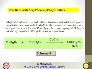 Reactions with Alkyl/Alke-nyl/Aryl Halides
Alkyl, alke-nyl as well as aryl triflates, bromides, and iodides can proceed
substitution reactions with R-Mg-X in the presence of transition metal
catalysts. For examples, CoCl2 catalyzes the cross-coupling of Ph-Mg-Br
with benzyl bromide in 87% yield (Kharasch reaction).
Scheme-7
Dr. Mishu Singh
Pt. D. D. U Govt. Girls P.G. College, Lucknow
 