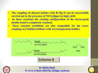 • The coupling of alkenyl halides with R-Mg-X can be successfully
carried out in the presence of NiCl2(dppe) in high yield.
• In these reactions the existing configuration of the stereo-genic
double bond is completely retained.
• These reaction conditions are also compatible for the cross-
coupling aryl halides/triflates with aryl-magnesium halides.
Scheme-8
Dr. Mishu Singh
Pt. D. D. U Govt. Girls P.G. College, Lucknow
 