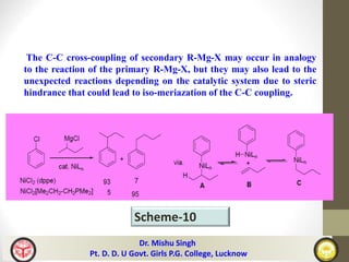 The C-C cross-coupling of secondary R-Mg-X may occur in analogy
to the reaction of the primary R-Mg-X, but they may also lead to the
unexpected reactions depending on the catalytic system due to steric
hindrance that could lead to iso-meriazation of the C-C coupling.
Scheme-10
Dr. Mishu Singh
Pt. D. D. U Govt. Girls P.G. College, Lucknow
 