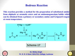 Bodrous Reaction
This reaction provides a method for the preparation of substituted amides
from aliphatic or aromatic esters and an aminomaganesium halide which
can be obtained from a primary or secondary amine and Grignard reagent
at room temperature.
Scheme-17
Dr. Mishu Singh
Pt. D. D. U Govt. Girls P.G. College, Lucknow
 