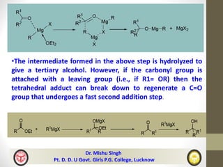 •The intermediate formed in the above step is hydrolyzed to
give a tertiary alcohol. However, if the carbonyl group is
attached with a leaving group (i.e., if R1= OR) then the
tetrahedral adduct can break down to regenerate a C=O
group that undergoes a fast second addition step.
Dr. Mishu Singh
Pt. D. D. U Govt. Girls P.G. College, Lucknow
 