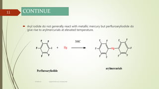 CONTINUE
11
 Aryl iodide do not generally react with metallic mercury but perfluroaryliodide do
give rise to arylmercurials at elevated temperature.
rimsha b.r organomercury compounds
 