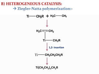 B) HETEROGENEOUS CATALYSIS:
Ti CH2R H2C CH2
H2C CH2
Ti CH2R
1,2- insertion
Ti CH2CH2CH2R
Ti(CH2CH2)nCH2R
 