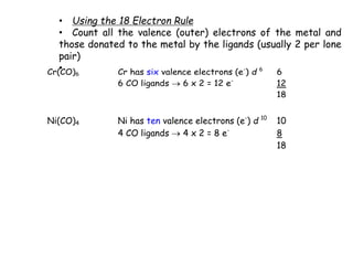 • Using the 18 Electron Rule
• Count all the valence (outer) electrons of the metal and
those donated to the metal by the ligands (usually 2 per lone
pair)
•
Cr(CO)6 Cr has six valence electrons (e-
) d 6
6
6 CO ligands  6 x 2 = 12 e-
12
18
Ni(CO)4 Ni has ten valence electrons (e-
) d 10
10
4 CO ligands  4 x 2 = 8 e-
8
18
 