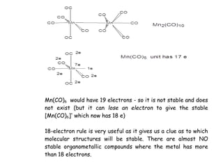 Mn(CO)6 would have 19 electrons - so it is not stable and does
not exist (but it can lose an electron to give the stable
[Mn(CO)6]+
which now has 18 e)
18-electron rule is very useful as it gives us a clue as to which
molecular structures will be stable. There are almost NO
stable organometallic compounds where the metal has more
than 18 electrons.
 
