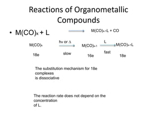 Reactions of Organometallic
Compounds
• M(CO)x + L M(CO)x-1L + CO
M(CO)x
hν or ∆
M(CO)x-1 M(CO)x-1L
L
18e 16e 18e
slow fast
The substitution mechanism for 18e
complexes
is dissociative
The reaction rate does not depend on the
concentration
of L.
 