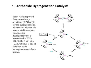 • Lanthanide Hydrogenation Catalysts
Tobin Marks reported
the extraordinary
activity of (Cp*2LuH)2
for the hydrogenation of
alkenes and alkynes. The
monometallic complex
catalyzes the
hydrogenation of 1-
hexene with a TOF =
120,000 hr-1 at 1 atm
H2, 25ºC!! This is one of
the most active
hydrogenation catalysts
known.
 