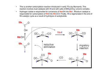 • This is another carbonylation reaction introduced in early 70-s by Monsanto. This
reaction involves dual catalysis with HI and with salts of [RhI2(CO)2]- anionic complex.
• Hydrogen iodide is responsible for conversion of MeOH into MeI. Rhodium catalyst is
responsible for carbonylation of MeI into MeCO-I. Finally, HI is regenerated in the end of
Rh-catalytic cycle as a result of hydrolysis of acetyliodide.
 