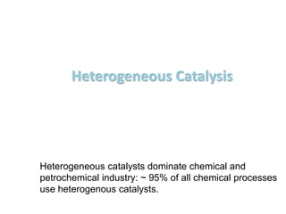Heterogeneous Catalysis
Heterogeneous catalysts dominate chemical and
petrochemical industry: ~ 95% of all chemical processes
use heterogenous catalysts.
 