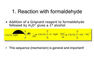 1. Reaction with formaldehyde
• Addition of a Grignard reagent to formaldehyde
followed by H3O+ gives a 1° alcohol
• This sequence (mechanism) is general and important!
Mg
+2
H3O
+
CH3CH2
-
MgBr
+
H
C
H
O CH3CH2 C
H
H
O
-
MgBr
+
CH3CH2 C
H
H
OH +
THF dil.
 