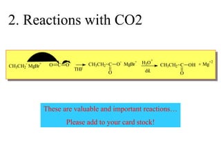 Mg
+2
H3O
+
CH3CH2
-
MgBr
+ CH3CH2 C O
-
MgBr
+
O
+
THF dil.
CH3CH2 C OH
O
C O
O
2. Reactions with CO2
These are valuable and important reactions…
Please add to your card stock!
 