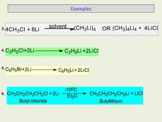 4CH3Cl + 8Li
solvent (CH3Li)4 OR (CH3)4Li4 + 4LiCl
C2H5Li +2LiCl
Examples
3.
4. C2H5Cl+2Li
C6H5Li+ 2LiCl
-100C
Et2O
CH3CH2CH2CH2Cl +2Li
Butyl chloride
CH3CH2CH2CH2Li + LiCl
Butyllithium
5. C6H5Br+2Li
6.
 