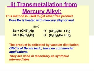 ii) Transmetallation from
Mercury Alkyl:
This method is used to get ether free product.
Pure Be is heated with mercury alkyl or aryl.
1100C
Be + (CH3)2Hg
Be + (C6H5)2Hg
 (CH3)2Be + Hg
 (C6H5)2Be + Hg
The product is collected by vaccum distillation.
OMC’s of Be are toxic, have no commercial
applications.
They are used in laboratory as synthetic
intermediates.
 