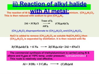 The reaction of Al &chloromethane gives Dimethylaluminium, (CH3)4Al2Cl2.
This is then reduced with sodium to give (CH3)6Al2.
ii) Reaction of alkyl halide
with Al metal:
(CH3)3Al2Cl3 disproportionate to (CH3)4Al2Cl2 and(CH3)2Al2Cl4.
NaCl is added to remove (CH3)2Al2Cl4 as soluble Na[CH3AlCl3] then
(CH3)4Al2Cl2 is separated by distillation. It is then reacted with Na
The commercial synthesis of triethylaluminium is carried using Al &
alkene and H2gas at 1100C temp. under pressure (hydroalumination)
This route is relatively cost effective.
 