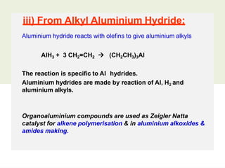 iii) From Alkyl Aluminium Hydride:
Aluminium hydride reacts with olefins to give aluminium alkyls
AlH3 + 3 CH2=CH2  (CH2CH3)3Al
The reaction is specific to Al hydrides.
Aluminium hydrides are made by reaction of Al, H2 and
aluminium alkyls.
Organoaluminium compounds are used as Zeigler Natta
catalyst for alkene polymerisation & in aluminium alkoxides &
amides making.
 