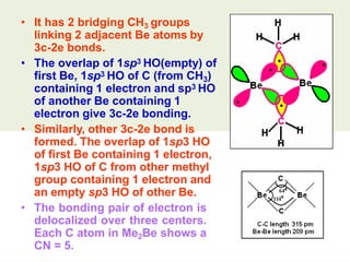 • It has 2 bridging CH3 groups
linking 2 adjacent Be atoms by
3c-2e bonds.
• The overlap of 1sp3 HO(empty) of
first Be, 1sp3 HO of C (from CH3)
containing 1 electron and sp3 HO
of another Be containing 1
electron give 3c-2e bonding.
• Similarly, other 3c-2e bond is
formed. The overlap of 1sp3 HO
of first Be containing 1 electron,
1sp3 HO of C from other methyl
group containing 1 electron and
an empty sp3 HO of other Be.
• The bonding pair of electron is
delocalized over three centers.
Each C atom in Me2Be shows a
CN = 5.
 