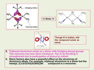 <= Dimer =>
Though R is bulkier, still
the compound exists as
dimer
5. Triphenyl aluminium exists as a dimer with bridging phenyl groups
This structure has less steric hindrance. The 3c-2e bonding is
strengthened due to participation of phenyl pi orbital.
6. Steric factors also have a powerful effect on the structures of
aluminium alkyls. For example, triphenyl aluminium is a dimer but the
mesityl, (2,4,6-(CH3)3C6H2)3Al compound is a monomer.
 