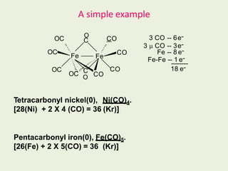A simple example
Fe Fe
CO
OC C
CO
CO
OC
OC
CO
OC
3 CO -- 6e-
3  CO -- 3e-
Fe -- 8 e-
Fe-Fe -- 1 e-
--------
18 e-
O
C
O
Tetracarbonyl nickel(0), Ni(CO)4.
[28(Ni) + 2 X 4 (CO) = 36 (Kr)]
Pentacarbonyl iron(0), Fe(CO)5.
[26(Fe) + 2 X 5(CO) = 36 (Kr)]
 