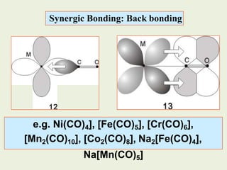 Synergic Bonding: Back bonding
e.g. Ni(CO)4], [Fe(CO)5], [Cr(CO)6],
[Mn2(CO)10], [Co2(CO)8], Na2[Fe(CO)4],
Na[Mn(CO)5]
 