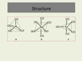 Structure
Ni Mo Fe
CO
CO
CO
CO
CO
OC
OC
OC
CO
CO
CO
CO OC
OC
a
CO
b c
 