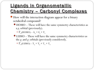 Ligands in OrganometallicLigands in Organometallic
Chemistry – Carbonyl ComplexesChemistry – Carbonyl Complexes
How will the interaction diagram appear for a binary
octahedral compound?
HOMO – These will have the same symmetry characteristics as
a py orbital (previously).
Γred(HOMO) – A1g + Eg + T1u
LUMO – These will have the same symmetry characteristics as
the px and py orbitals (previously considered).
Γred(LUMO) – T1g + T2g + T1u + T2u
 