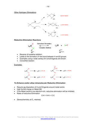 - 19 -
These Notes are copyright Alex Moss 2003. They may be reproduced without need for permission.
www.alchemyst.f2o.org
Other Hydrogen Eliminations
Reductive Elimination Reactions
dn
dn+2
Mm+
M(m-2)+
• Reverse of oxidative addition.
• Leads to the formation of new bond between A and B groups
• Examples using a wide variety of A and B ligands are known
• Concerted reaction
Examples:
To Enhance and/or allow intramolecular Reductive Elimination
• Require cis disposition of A and B ligands around metal centre
• High formal charge on Metal (M)
• If the Metal centre is too electron-rich, reductive elimination will be inhibited.
• Rates of reductive Elimination
C-H > H-H > C-C
• Stereochemistry at Cα retained.
 
