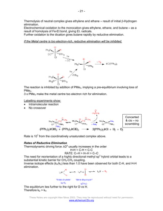 - 21 -
These Notes are copyright Alex Moss 2003. They may be reproduced without need for permission.
www.alchemyst.f2o.org
Thermolysis of neutral complex gives ethylene and ethane – result of initial β-Hydrogen
elimination.
Electrochemical oxidation to the monocation gives ethylene, ethane, and butane – as a
result of homolysis of Fe-Et bond, giving Et. radicals.
Further oxidation to the dication gives butane rapidly by reductive elimination.
If the Metal centre is too electron-rich, reductive elimination will be inhibited.
The reaction is inhibited by addition of PMe3, implying a pre-equilibrium involving loss of
PMe3.
3 x PMe3 make the metal centre too electron rich for elimination.
Labelling experiments show:
• Intramolecular reaction
• No crossover
Rate is 107
from the coordinatively unsaturated complex above.
Rates of Reductive Elimination
Thermodynamic driving force ∆G‡
usually increases in the order
H-H < C-H < C-C
RATE: C–H > H–H > C–C
The need for reorientation of a highly directional methyl sp3
hybrid orbital leads to a
substantial kinetic barrier for CH3-CH3 coupling.
Inverse isotope effects (kH/kD) less than 1.0 have been observed for both C-H, and H-H
elimination.
The equilibrium lies further to the right for D vs H.
Therefore kD > kH
Concerted
& cis – no
scrambling
 