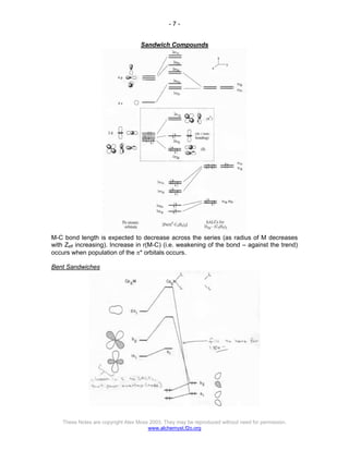 - 7 -
These Notes are copyright Alex Moss 2003. They may be reproduced without need for permission.
www.alchemyst.f2o.org
Sandwich Compounds
M-C bond length is expected to decrease across the series (as radius of M decreases
with Zeff increasing). Increase in r(M-C) (i.e. weakening of the bond – against the trend)
occurs when population of the π* orbitals occurs.
Bent Sandwiches
 
