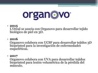 • 2015
L'Oreal se asocia con Organovo para desarrollar tejido
biológico de piel en 3D.
• 2016
Organovo colabora con UCSF para desarrollar tejidos 3D
bioprinted para la investigación de enfermedades
esqueléticas.
• 2017
Organovo colabora con UVA para desarrollar tejidos
bioprinted para lesión volumétrica de la pérdida del
músculo.
 