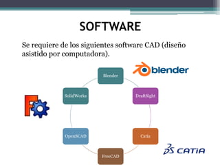 SOFTWARE
Se requiere de los siguientes software CAD (diseño
asistido por computadora).
Blender
DraftSight
Catia
FreeCAD
OpenSCAD
SolidWorks
 