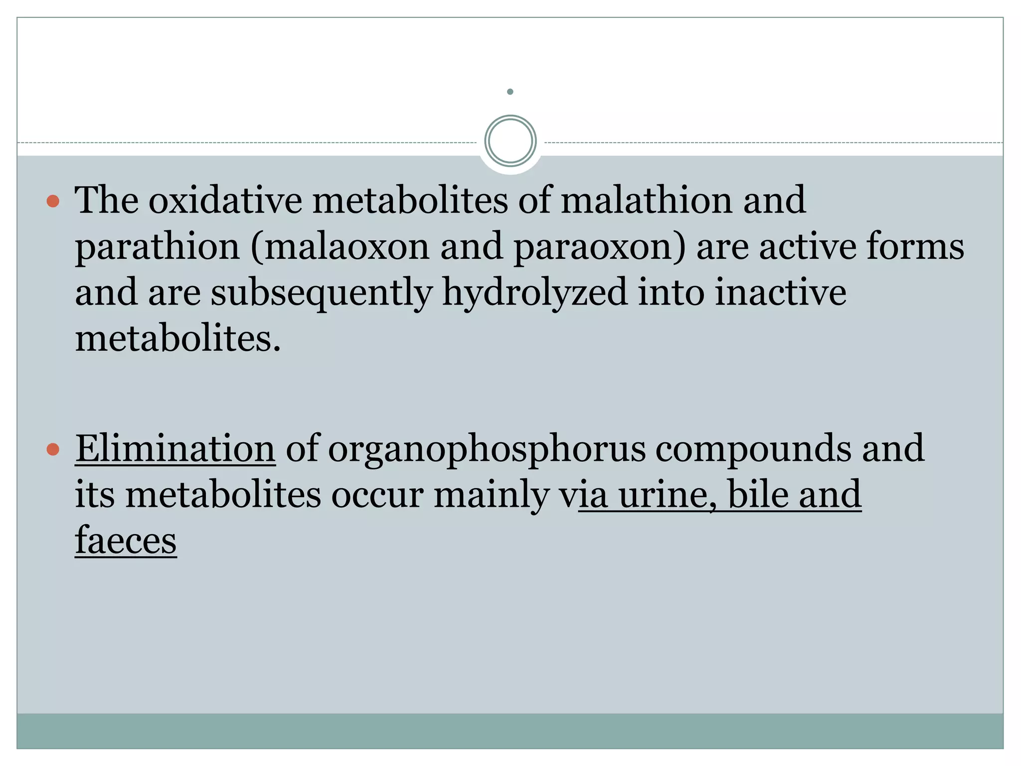 .
 The oxidative metabolites of malathion and
parathion (malaoxon and paraoxon) are active forms
and are subsequently hydrolyzed into inactive
metabolites.
 Elimination of organophosphorus compounds and
its metabolites occur mainly via urine, bile and
faeces
 