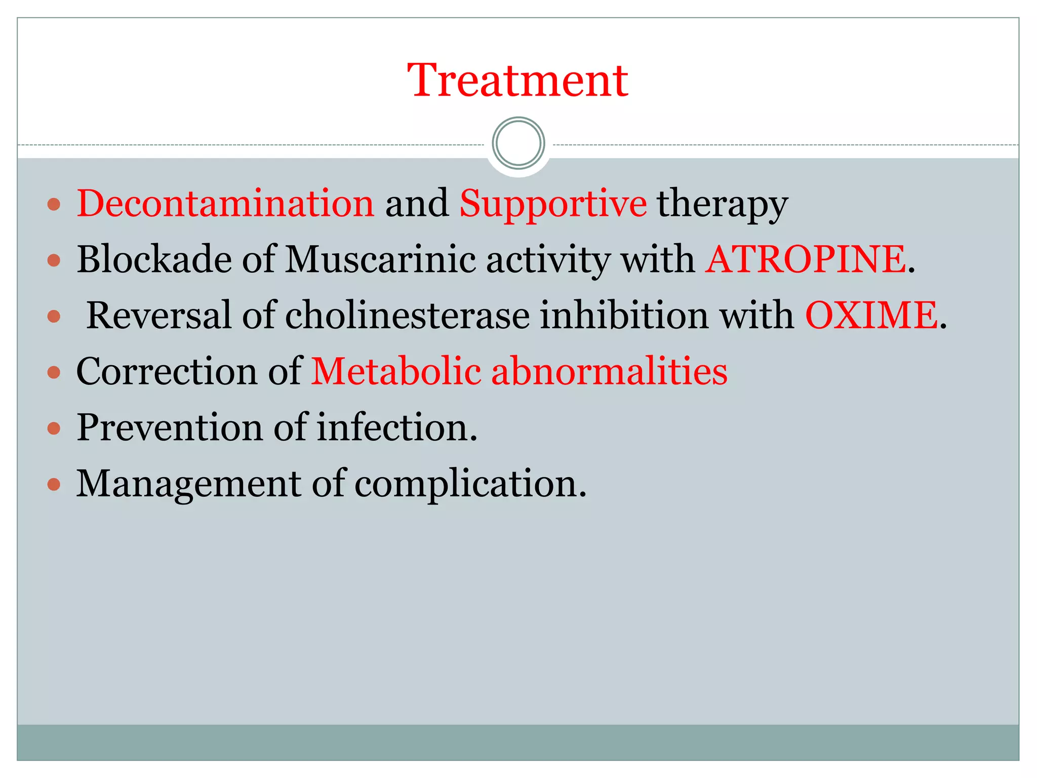 Treatment
 Decontamination and Supportive therapy
 Blockade of Muscarinic activity with ATROPINE.
 Reversal of cholinesterase inhibition with OXIME.
 Correction of Metabolic abnormalities
 Prevention of infection.
 Management of complication.
 