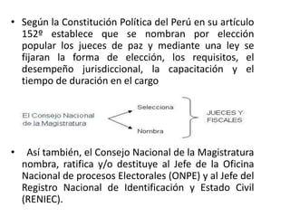 • Según la Constitución Política del Perú en su artículo
152º establece que se nombran por elección
popular los jueces de paz y mediante una ley se
fijaran la forma de elección, los requisitos, el
desempeño jurisdiccional, la capacitación y el
tiempo de duración en el cargo
• Así también, el Consejo Nacional de la Magistratura
nombra, ratifica y/o destituye al Jefe de la Oficina
Nacional de procesos Electorales (ONPE) y al Jefe del
Registro Nacional de Identificación y Estado Civil
(RENIEC).
 