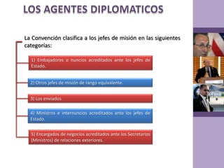 LOS AGENTES DIPLOMATICOSLa Convención clasifica a los jefes de misión en las siguientes categorías:1) Embajadores o nuncios acreditados ante los jefes de Estado.2) Otros jefes de misión de rango equivalente.3) Los enviados4) Ministros e internuncios acreditados ante los jefes de Estado.5) Encargados de negocios acreditados ante los Secretarios (Ministros) de relaciones exteriores.