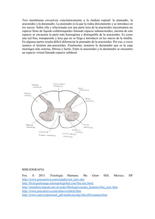 Tres membranas envuelven concéntricamente a la médula espinal: la piamadre, la
aracnoides y la duramadre. La piamadre es la que la rodea directamente y se introduce en
los surcos. Sobre ella y relacionada con una parte laxa de la aracnoides encontramos un
espacio lleno de líquido cefalorraquídeo llamado espacio subaracnoideo, encima de este
espacio se encuentra la parte más homogénea y distinguible de la aracnoides. Es como
una red fina, transparente y laxa que no se llega a introducir en los surcos de la médila.
En algunas partes resulta difícil diferenciar la piamadre de la aracnoides. Por eso, a veces
usamos el término pía-aracnoides. Finalmente, tenemos la duramadre que es la capa
meníngea más externa, fibrosa y fuerte. Entre la aracnoides y la duramadre se encuentra
un espacio virtual llamado espacio subdural.
BIBLIOGRAFIA
Fox. S 2011. Fisiología Humana. Mc Graw Hill. Mexico, DF
http://www.psicoactiva.com/estudio/sist_nerv.doc
http://biologialmango.metropoliglobal.com/Snc/snc.html.
http://members.tripod.com.ar/ssoko/Biologia/cuerpo_humano/Sist_nerv.htm.
http://www.psicoactiva.com/atlas/cerebelo.htm
http://www.uam.es/personal_pdi/medicina/algvilla/cbl/resumen.htm
 