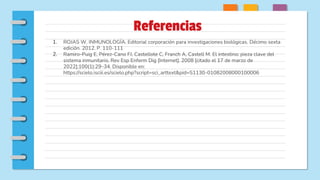 Referencias
1. ROJAS W. INMUNOLOGÍA. Editorial corporación para investigaciones biológicas. Décimo sexta
edición. 2012. P. 110-111
2. Ramiro-Puig E, Pérez-Cano FJ, Castellote C, Franch A, Castell M. El intestino: pieza clave del
sistema inmunitario. Rev Esp Enferm Dig [Internet]. 2008 [citado el 17 de marzo de
2022];100(1):29–34. Disponible en:
https://scielo.isciii.es/scielo.php?script=sci_arttext&pid=S1130-01082008000100006
 